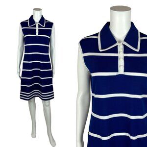 Vintage 60s Striped Dress Women's Medium Blue White Mod Collared Sheath Carina